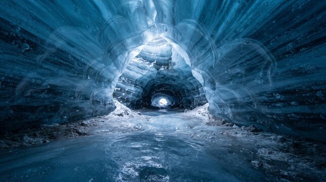 Deep blue ice cave tunnel, majestic glacier interior with crystalline frozen walls, ethereal winter landscape for arctic travel and adventure