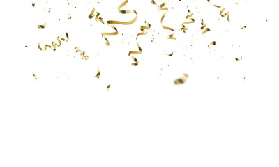 Fototapeta premium Festive gold confetti ribbons and stars falling on white isolated background