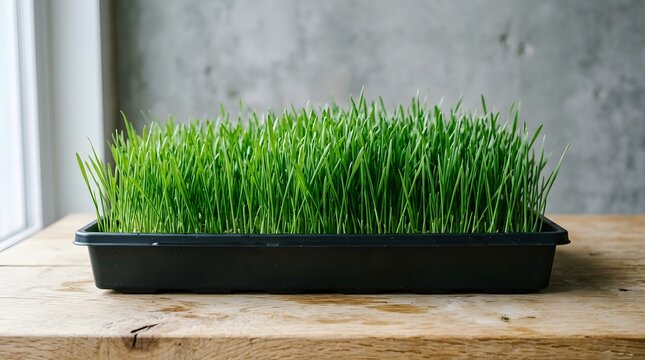Fresh green wheatgrass growing in a black plastic tray on a rustic wooden table indoors