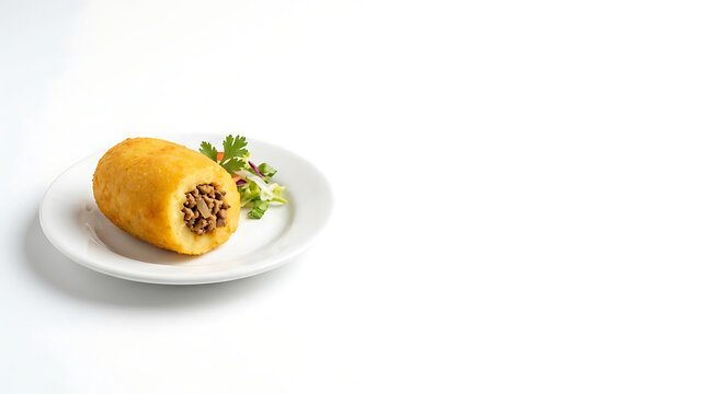 Peruvian papa rellena stuffed potato croquette on a white plate