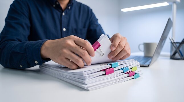 A professional man sitting at a desk organizing a stack of business documents with colorful index tabs for easy reference