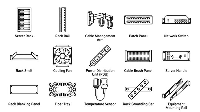 Server rack components icon set, vector data center hardware symbols, network infrastructure outline vector illustration for IT technical diagrams