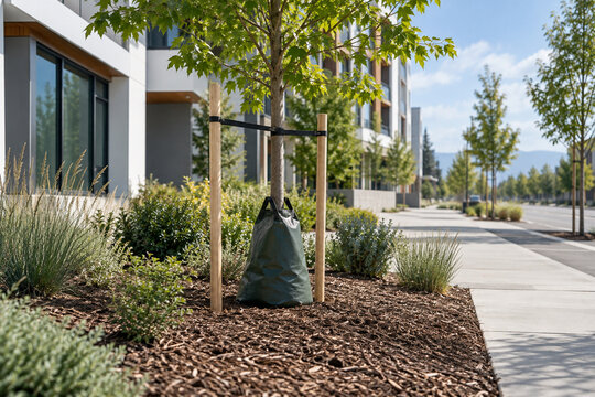 Newly planted street tree with a watering bag