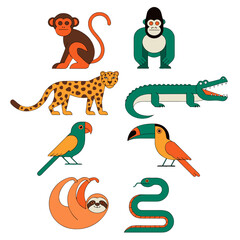 Fototapeta premium Jungle Animals Vector Illustration Set – Monkey, Gorilla, Leopard, Crocodile & Tropical Birds