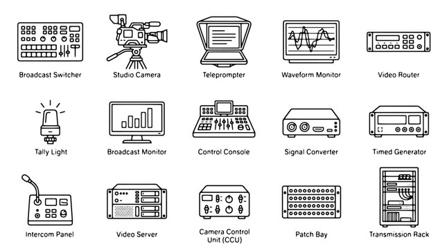 Broadcast equipment vector icons set, line art television production gear illustrations, media studio technology symbols for video editing design projects