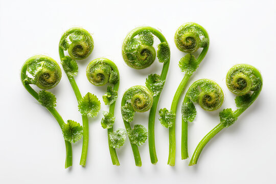 Fern fiddleheads arranged in natural spiral composition indoors on white background