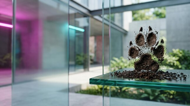 Upright animal paw print sculpture made of dark moist soil standing on a glass shelf in a modern minimalist interior with neon reflections and blurred garden background.