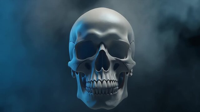 Human skull floating slowly in dark mysterious smoke with dramatic blue rim lighting motion clip footage