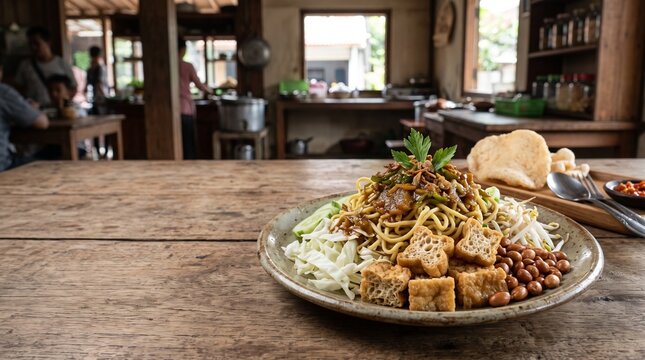 A plate of delicious traditional Indonesian gado-gado salad served on a rustic wooden table in a restaurant.