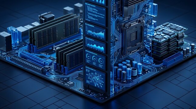 High performance computer motherboard with glowing blue holographic system diagnostics and data analytics dashboards