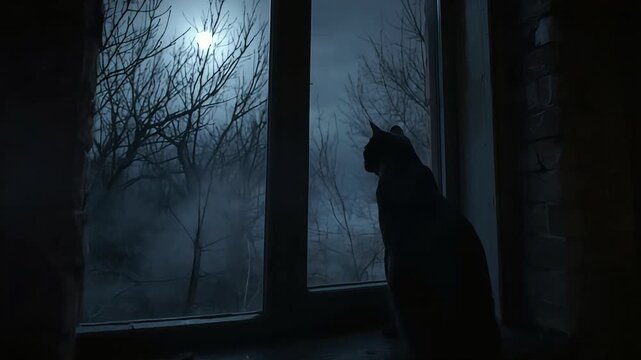 Black cat silhouette sitting on a windowsill looking at the mysterious full moon through bare trees video footage