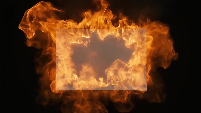 Burning paper sheet footage with intense bright orange flames spreading across edges against a dark background motion clip