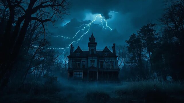Spooky haunted mansion standing eerie under dark stormy night sky with flashing lightning video footage