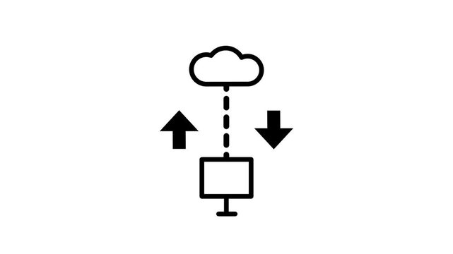Black line icon of a cloud with upload and download arrows linked by a dashed line to a computer monitor representing cloud data transfer and sync