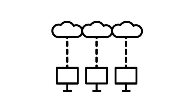 Black line icon of three clouds connected by dashed lines to separate computer monitors representing multi cloud network and shared server storage