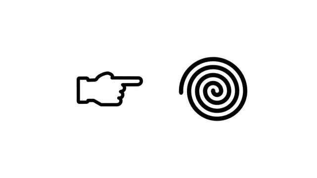 Black icon of a pointing hand finger directed at a spiral swirl symbol representing focus, attention, hypnosis, or choosing a direction in a process