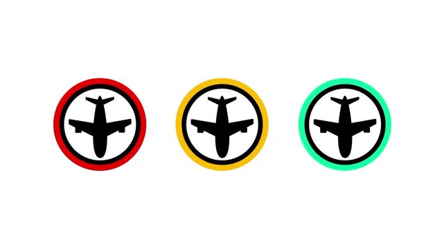 Set of three airplane icons inside red, yellow, and green circles representing flight status levels, risk rating, delay warning, and air traffic flow