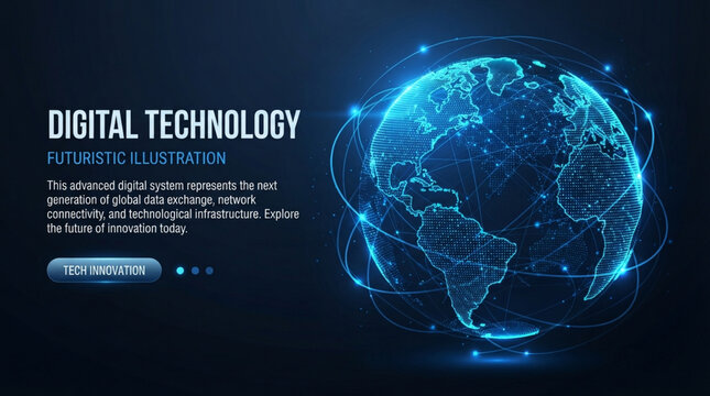 Earth, Digital Globe Illustration with Glowing Network Lines, Futuristic Technology Concept