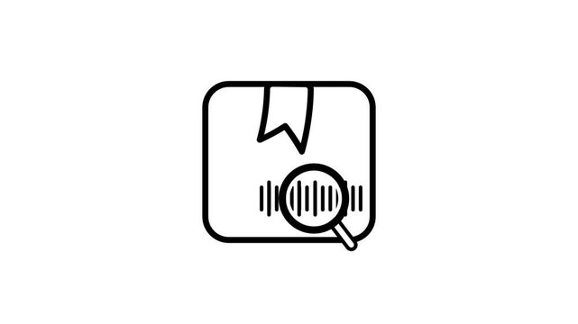 Black line icon of a parcel box with a bookmark label and a magnifying glass over a barcode representing package tracking, shipment search, and check
