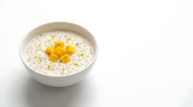Coconut tapioca pudding with fresh mango cubes in a white bowl