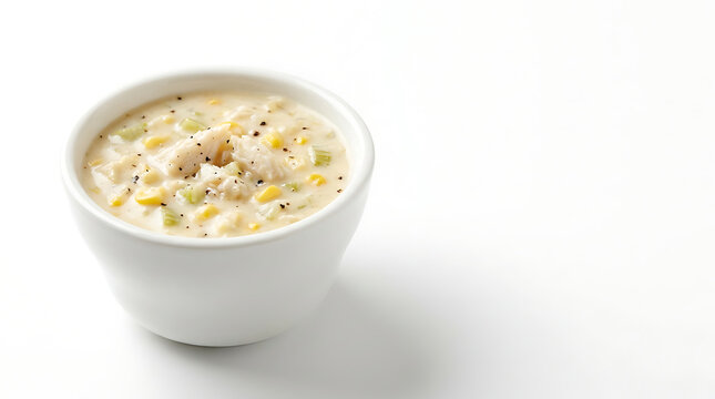 Bowl of creamy crab and corn chowder isolated on white background