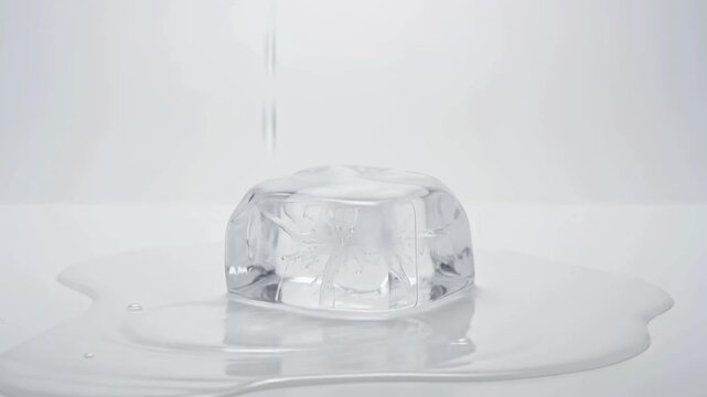 Studio close up of a melting ice block showing transition from solid to liquid