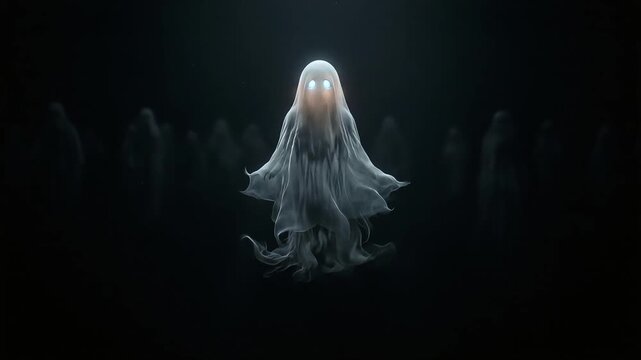 Glowing white ghost floating in dark atmosphere with mysterious spirits surrounding it during halloween night video footage