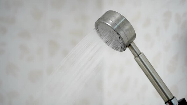 A stainless steel shower head spraying a stream of water in a bathroom