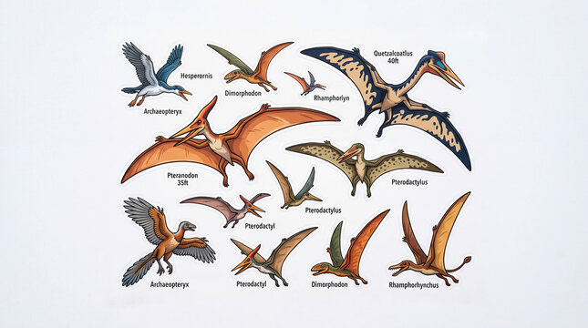 Educational sticker set of prehistoric flying reptiles and ancient birds including pterodactyl, pteranodon, and archaeopteryx isolated on white background.
