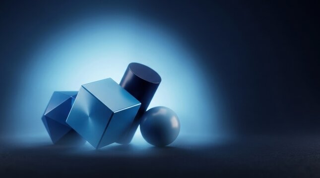 Still life composition featuring blue 3D geometric primitives like a cube, sphere, cylinder, and faceted solid arranged against a dark background with a glowing blue light source.