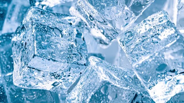 Close up slow motion video of melting ice cubes with water droplets, creating refreshing and cool effect.
