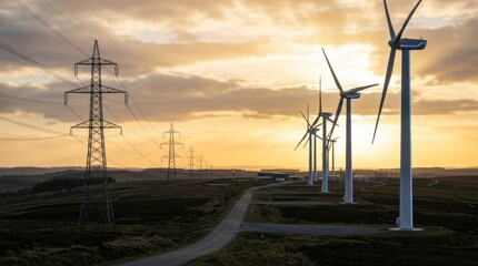 Obraz premium Industrial landscape at sunset with modern wind turbines and high-voltage power lines along a winding road through rolling hills, representing renewable energy and power grid.
