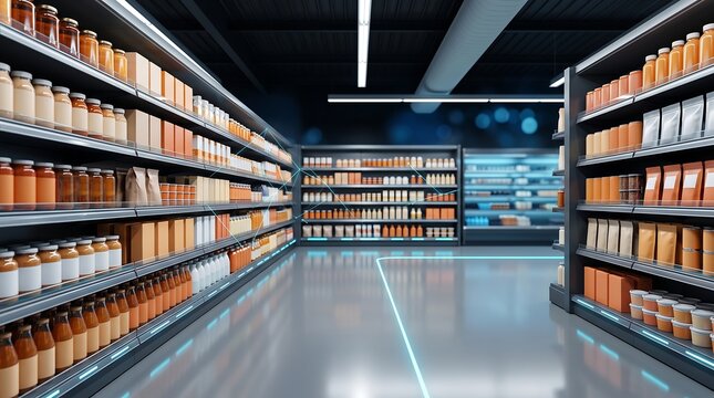 Modern supermarket aisle with glowing digital inventory network lines representing retail data management and smart supply chain automation technology in grocery store retail space