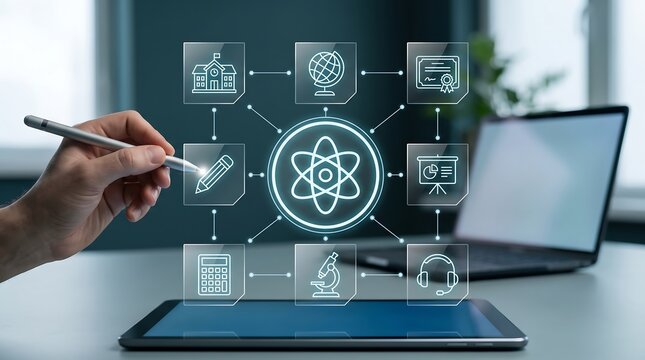 Academic and scientific research interface featuring atom symbols and educational icons managed by professional using digital pen and tablet for advanced study and learning exploration