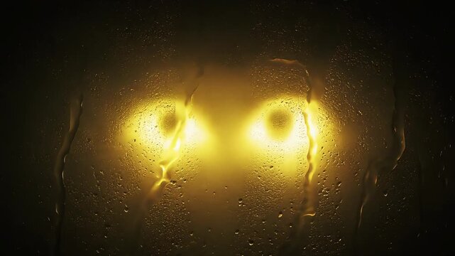 Glowing yellow cat eyes peering through a rainy glass window in dark mysterious video footage clip