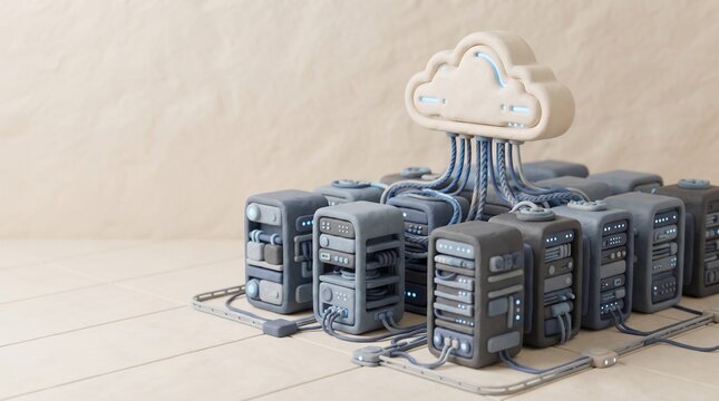 Advanced cloud computing infrastructure with interconnected server racks and a central data hub representing scalable digital network solutions and global information technology services