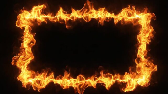 Burning rectangular fire frame video footage featuring bright orange flames glowing against a dark background