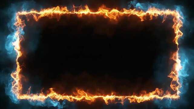Fiery rectangular frame burning with bright orange flames and glowing blue smoke in motion background video clip