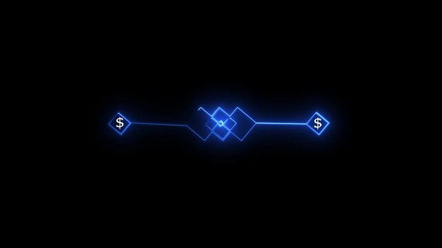 Blue global payment data visual dollar icon, fast financial light streams, dotted world map, digital economy style. for online banking, trading , finance apps, investment explainers, motion graphics.