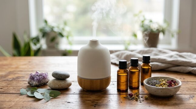 A white and wooden essential oil diffuser with steam rising, surrounded by various essential oils and crystals on a wooden table with a window in the background.