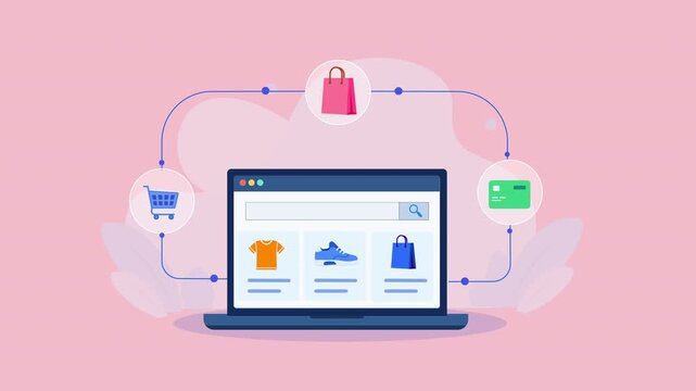 Flat vector animation showing a laptop with online product listings connected to shopping, payment, security, and ecommerce icons for digital retail.