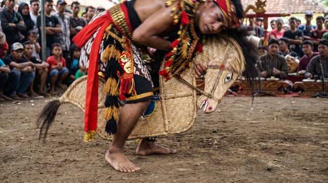 Male dancer performing traditional Kuda Lumping or Jaran Kepang bamboo horse dance barefoot on a dirt ground outdoors while an audience and Gamelan musicians watch in a rural village in Java Indonesi
