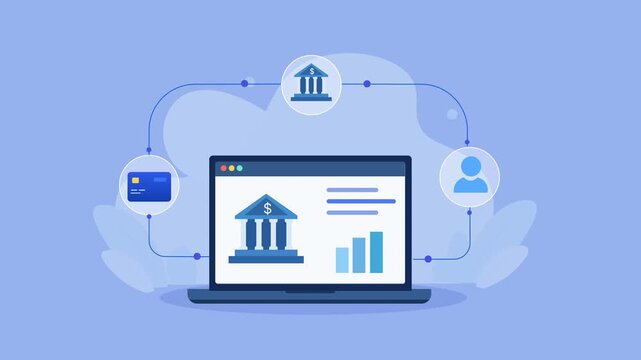 Flat vector animation showing a laptop with a banking dashboard connected to payment, bank, and user icons for digital finance and financial analytics.