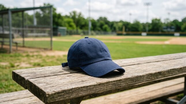 A blue baseball cap on a wooden bench with a baseball field in the background.