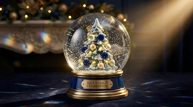 Beautiful decorative christmas snow globe featuring a festive tree with glowing lights on a dark moody background