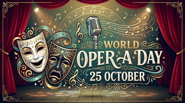 World Opera Day Poster Featuring Theatrical Masks Microphone Musical Notes Stage Curtains Celebrating Performing Arts Culture Heritage And Creativity