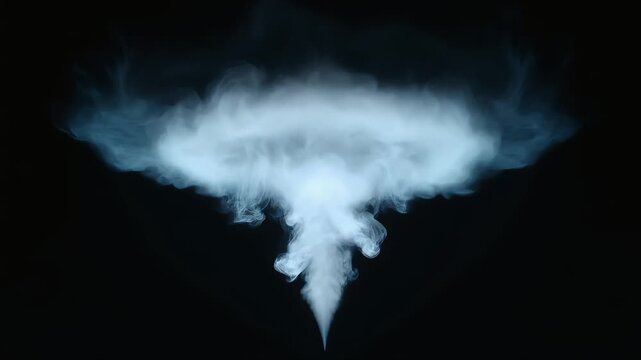 White smoke plume rising upwards and spreading into a swirling mushroom cloud shape against dark background video footage