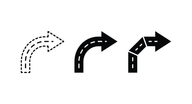 Three curved road arrow silhouettes depict directional changes and transportation routes