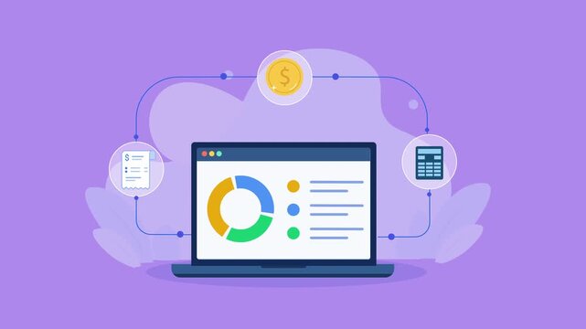 Flat vector animation showing a laptop with a business dashboard, donut chart, checklist, and financial icons for performance tracking and data analysis.