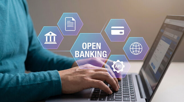 Open Banking Technology: A person's hands typing on a laptop, with icons representing banking, documents, credit cards, global connectivity, and API integration floating above the text OPEN BANKING.